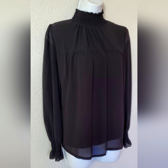 Boohoo Black Sheer Long  Sleeve Smocked Cuff &  Mock Neck Blouse Size 8 - Picture 6 of 9